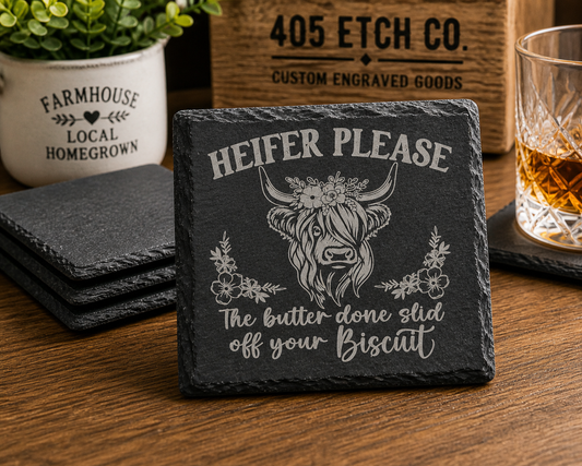 Heifer Please Coaster – Funny Highland Cow Slate Coaster | Rustic Farmhouse Decor