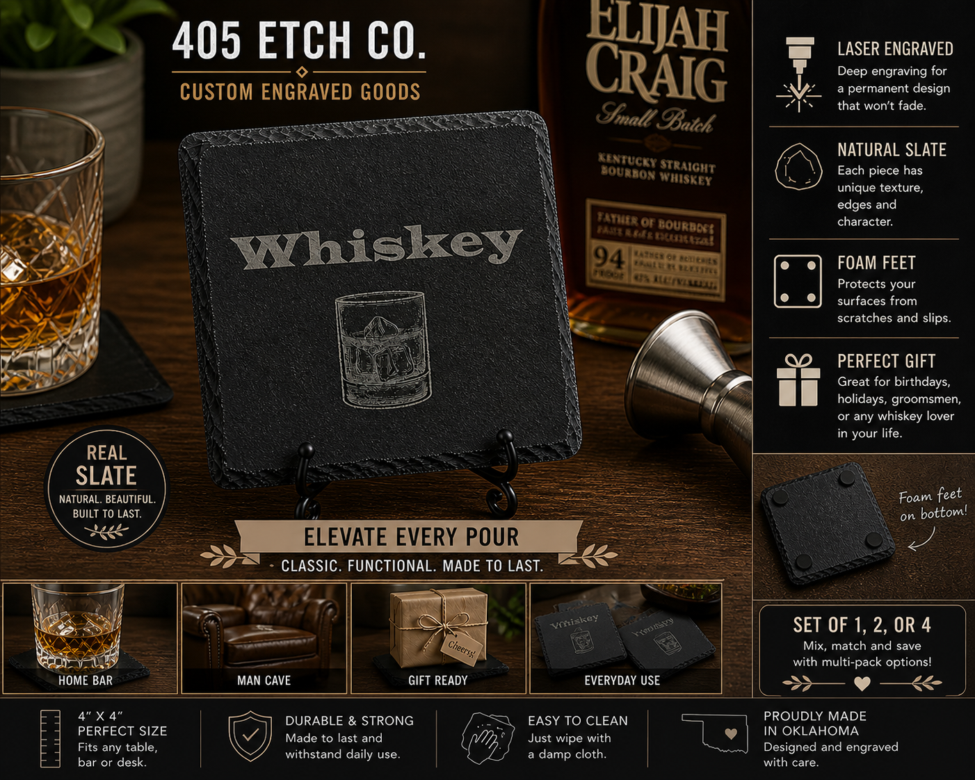 Whiskey Coaster – Engraved Slate Coaster | Bourbon Glass Design | Barware Gift