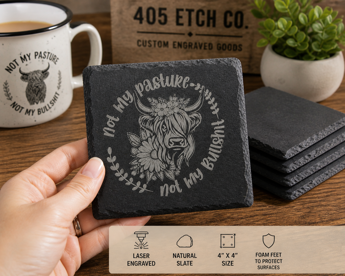 Not My Pasture Coaster – Highland Cow Slate Coaster | Funny Farmhouse Drink Coaster