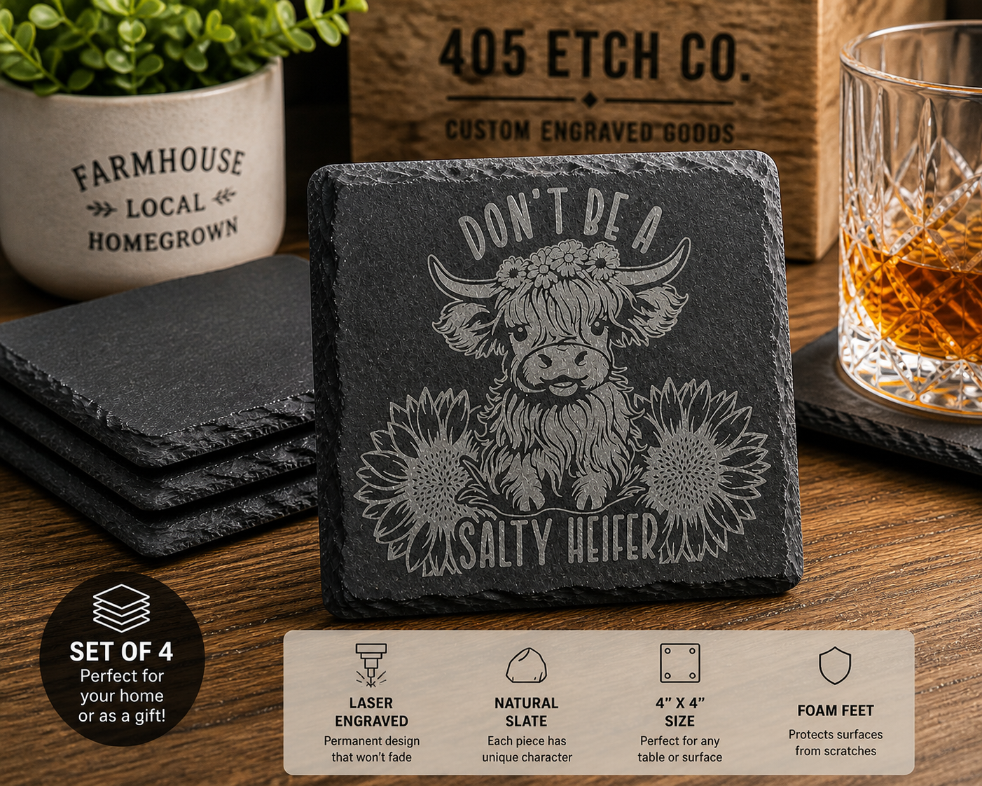 Don’t Be A Salty Heifer Coaster – Highland Cow Slate Coaster | Funny Farmhouse Decor