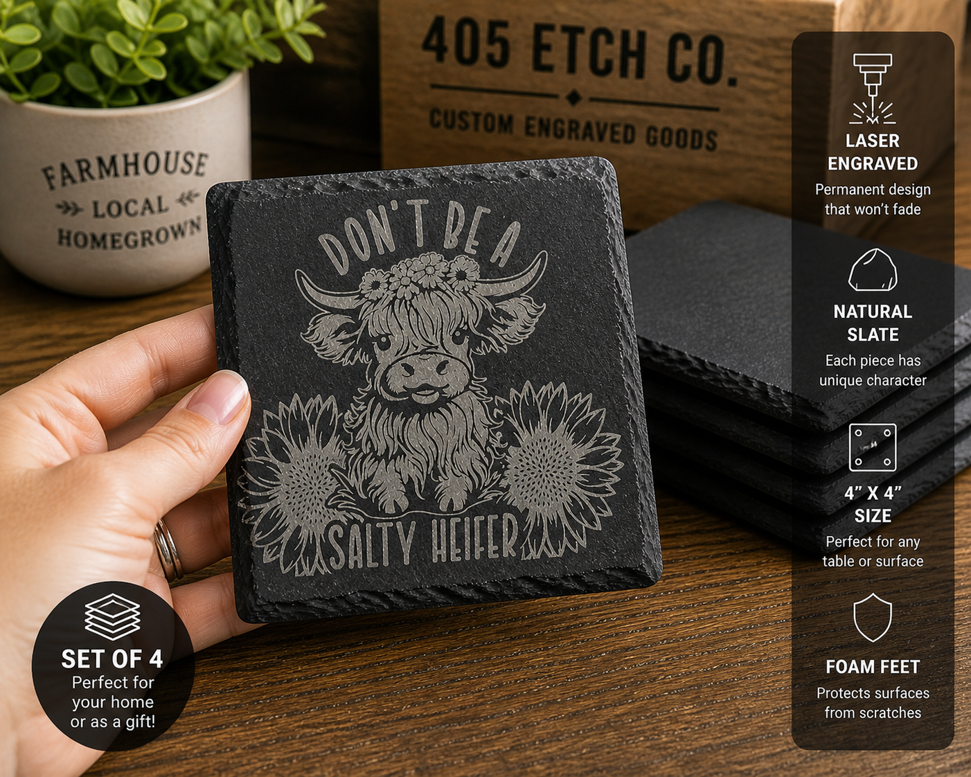 Don’t Be A Salty Heifer Coaster – Highland Cow Slate Coaster | Funny Farmhouse Decor