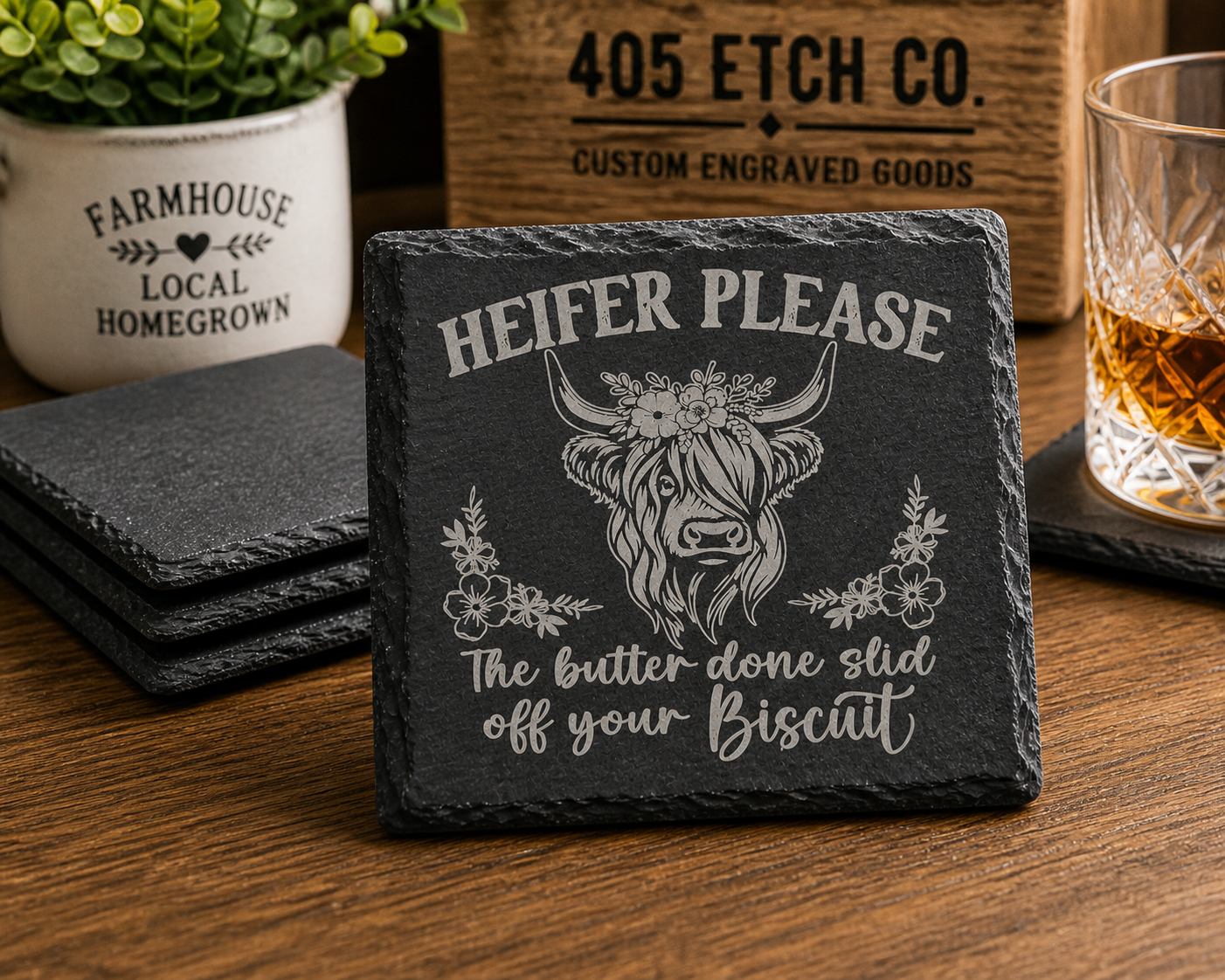Heifer Please Coaster – Funny Highland Cow Slate Coaster | Rustic Farmhouse Decor