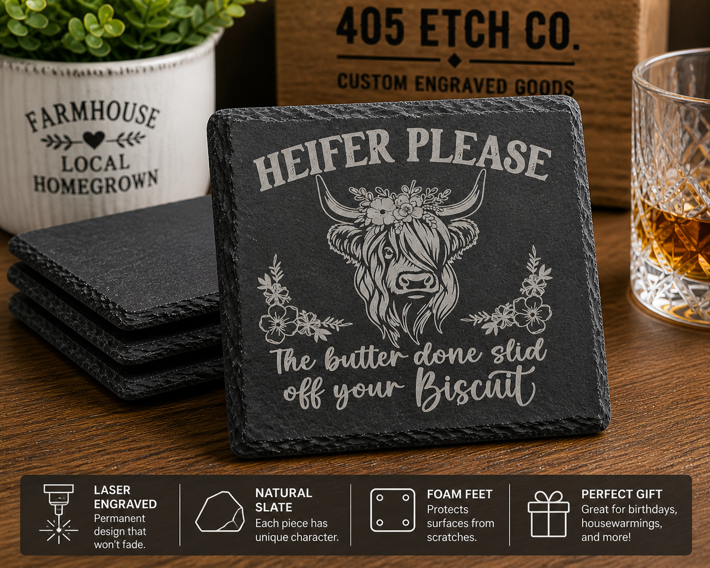 Heifer Please Coaster – Funny Highland Cow Slate Coaster | Rustic Farmhouse Decor