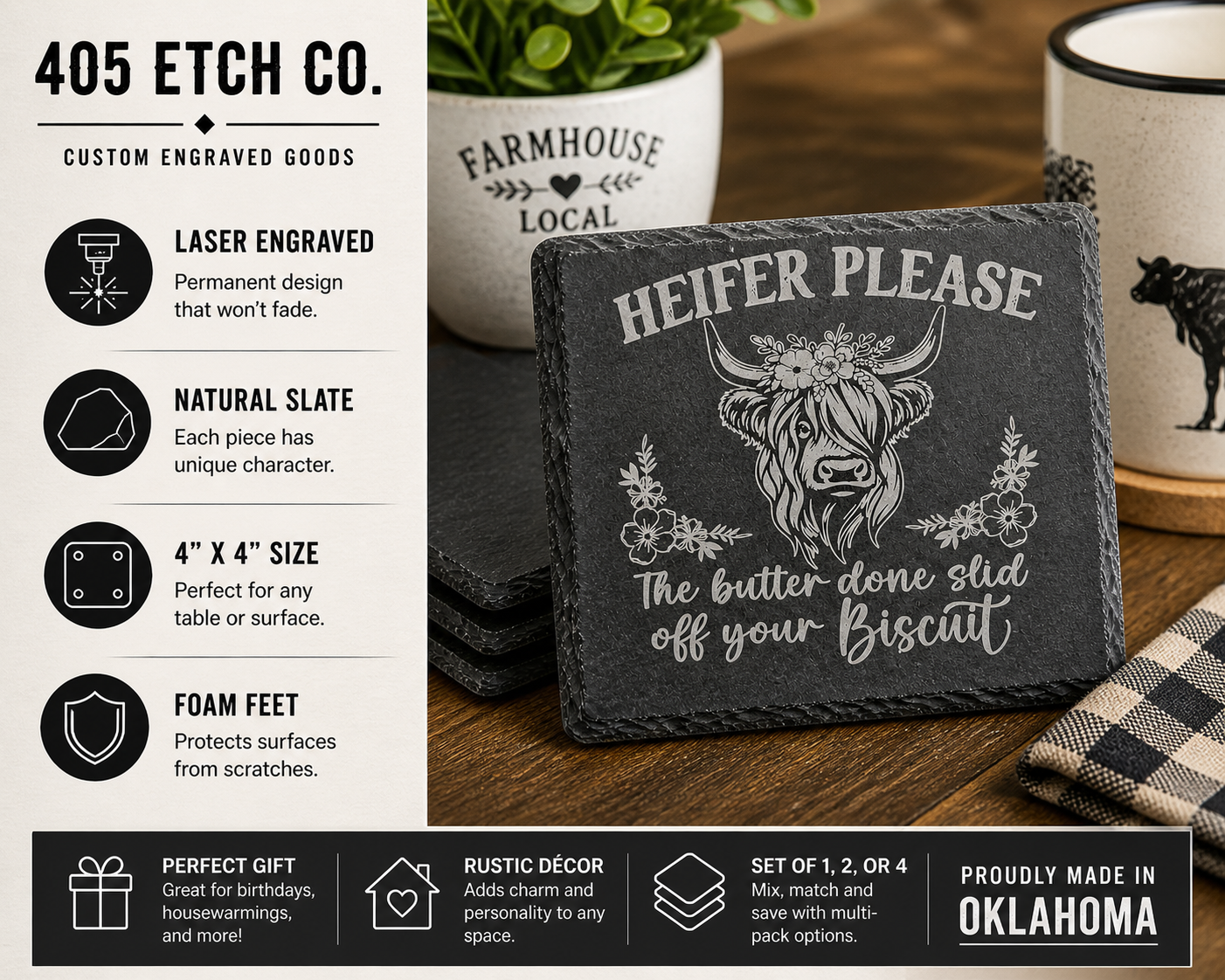 Heifer Please Coaster – Funny Highland Cow Slate Coaster | Rustic Farmhouse Decor