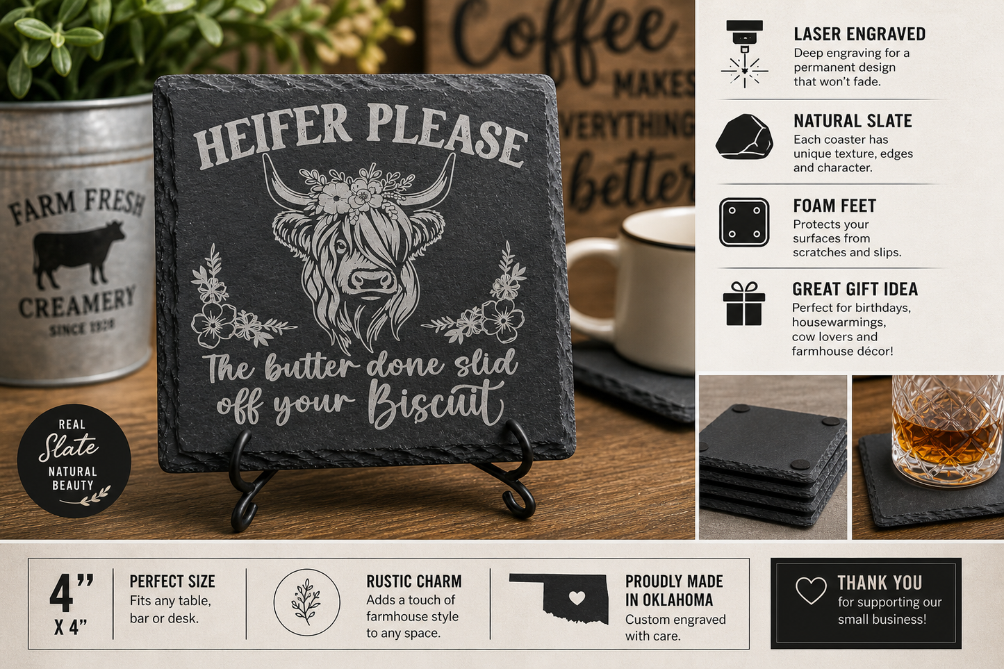Heifer Please Coaster – Funny Highland Cow Slate Coaster | Rustic Farmhouse Decor
