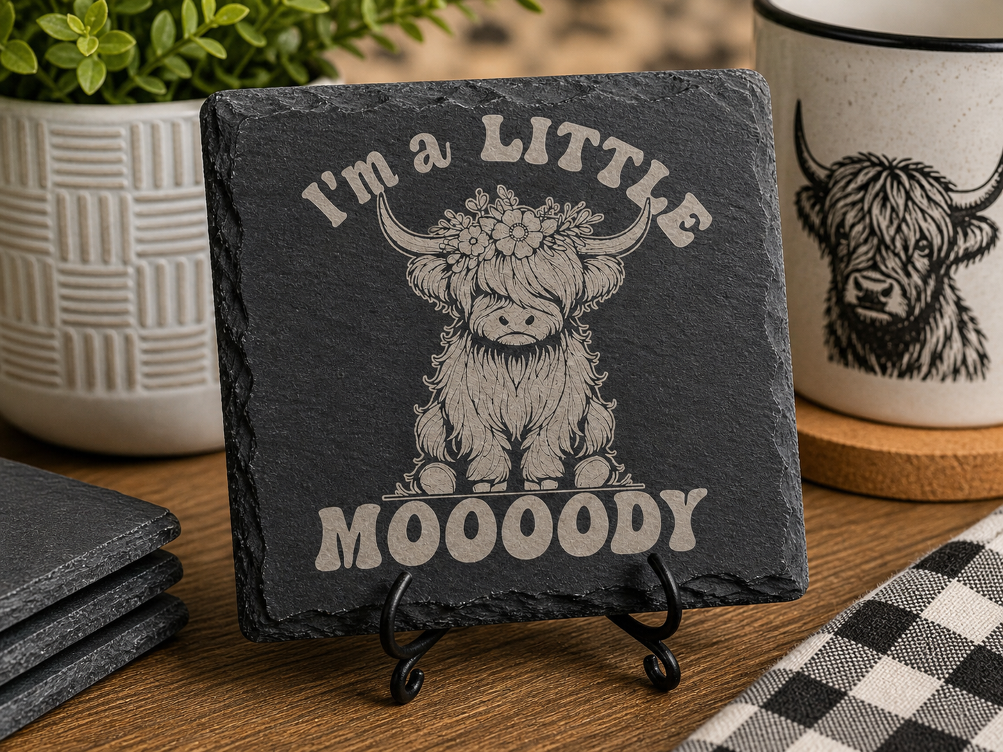 I’m a Little Moody Coaster – Funny Highland Cow Slate Coaster | Cute Farmhouse Decor