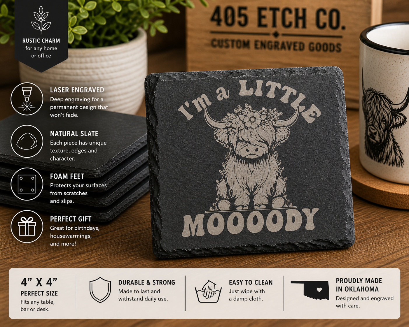 I’m a Little Moody Coaster – Funny Highland Cow Slate Coaster | Cute Farmhouse Decor