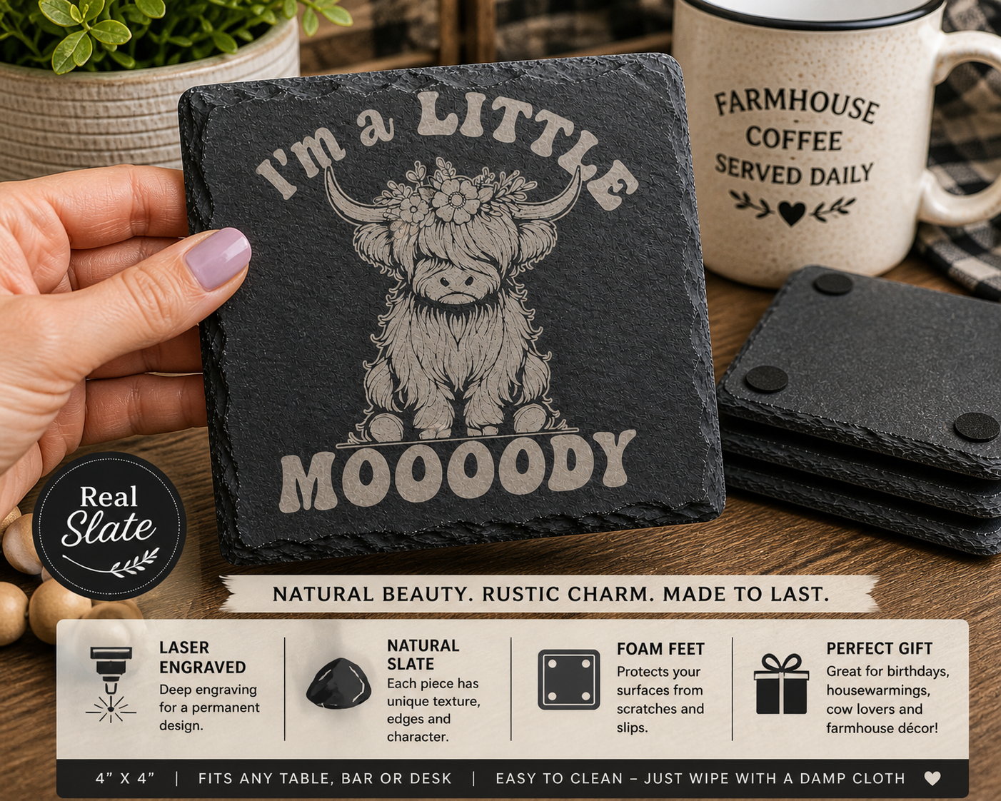 I’m a Little Moody Coaster – Funny Highland Cow Slate Coaster | Cute Farmhouse Decor