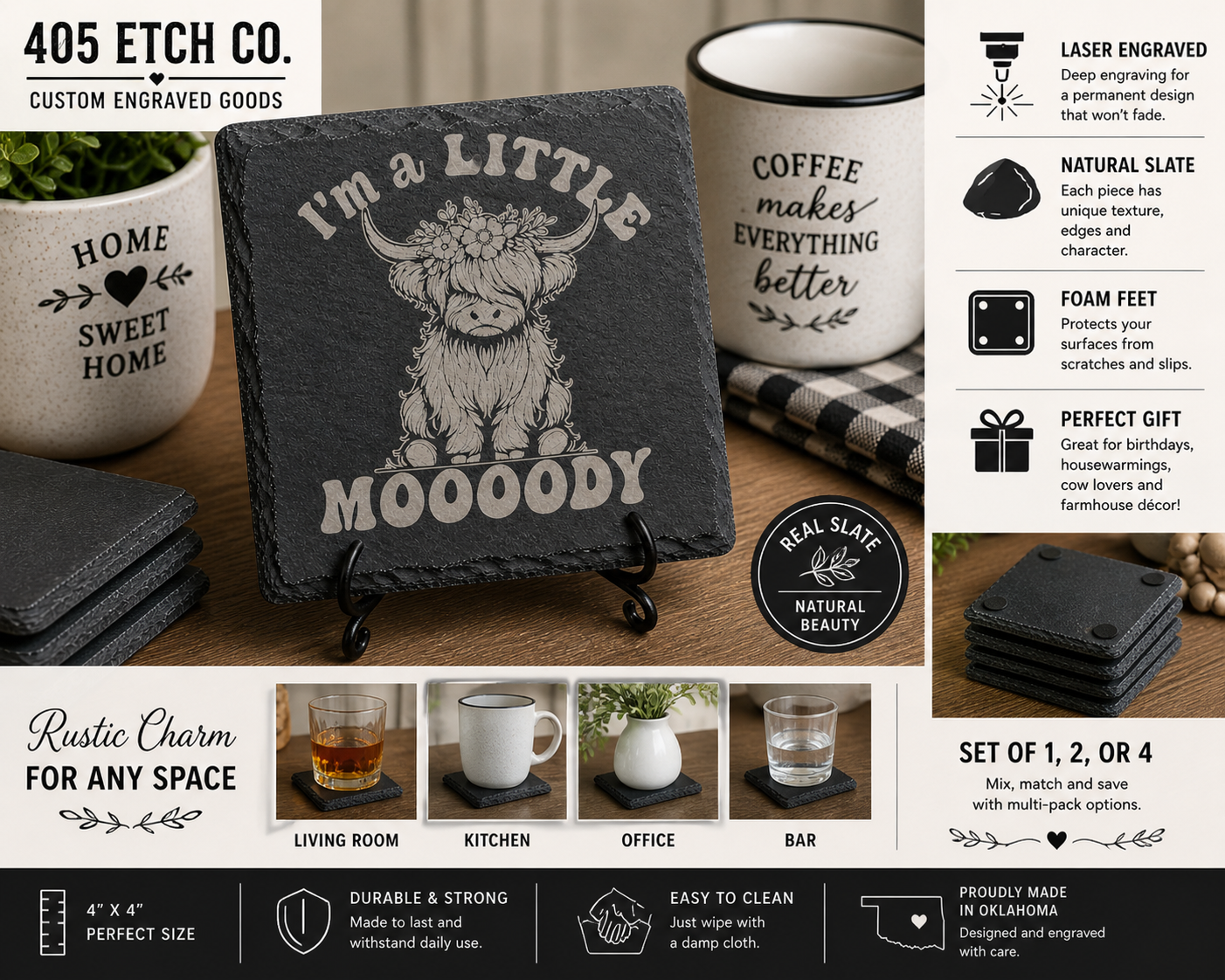 I’m a Little Moody Coaster – Funny Highland Cow Slate Coaster | Cute Farmhouse Decor