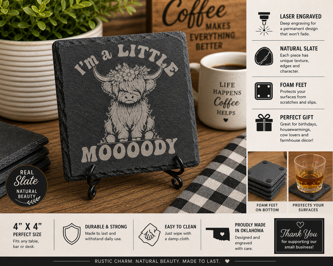 I’m a Little Moody Coaster – Funny Highland Cow Slate Coaster | Cute Farmhouse Decor