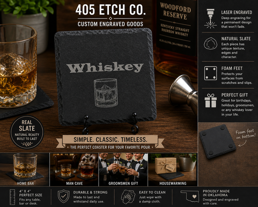 Whiskey Coaster – Engraved Slate Coaster | Bourbon Glass Design | Barware Gift