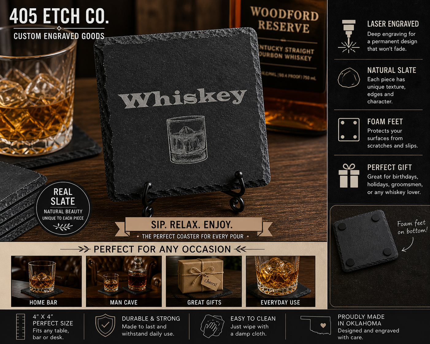 Whiskey Coaster – Engraved Slate Coaster | Bourbon Glass Design | Barware Gift