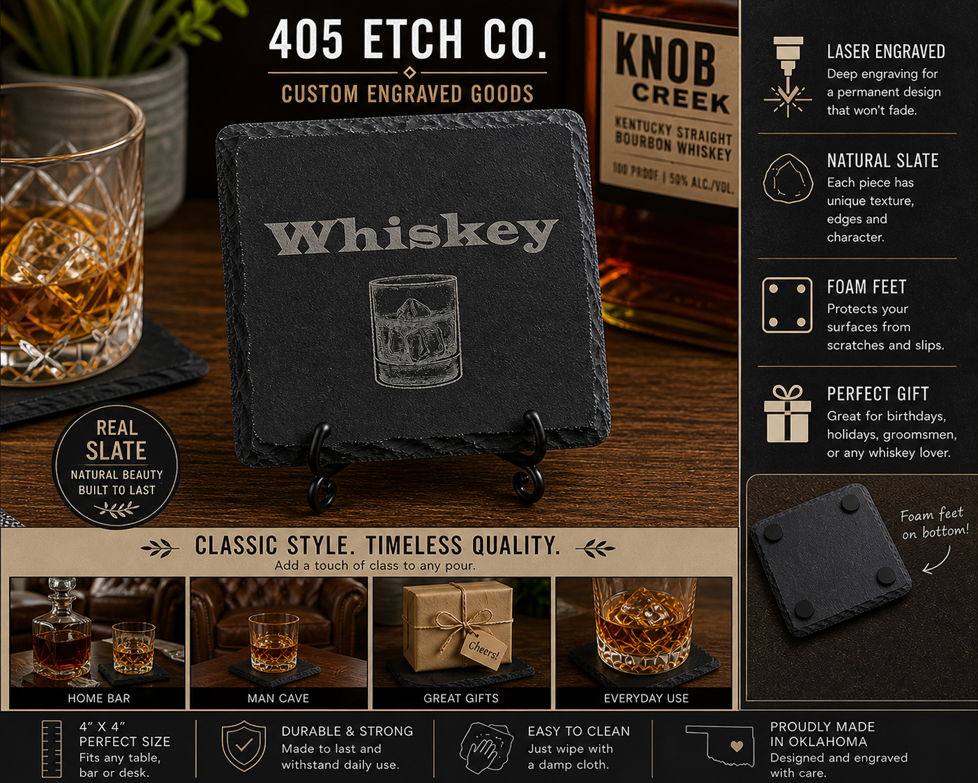 Whiskey Coaster – Engraved Slate Coaster | Bourbon Glass Design | Barware Gift